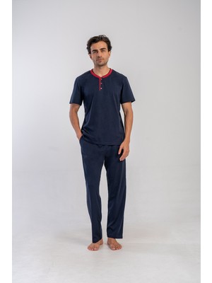 Obje Erkek Lacivert Battal Yarım Kol Pijama Takımı