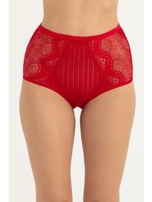 Obje Kadın Kırmızı Yüksek Bel Ön Çizgili Yan Bant Bikini