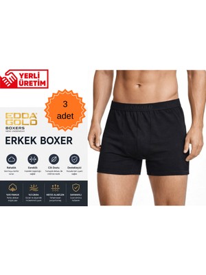 Edda GOLD Erkek Boxer 3'lü Siyah S – Pamuklu Likralı Esnek Rahat Penye İç Çamaşırı