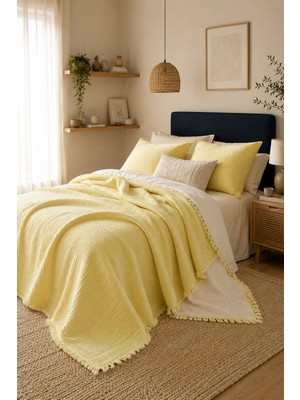 HB&Victory Müslin Yatak Örtüsü 4 Katlı Çift Kişilik 240X230 Cm. Limon Sarısı Renk %100 Pamuk- 2 Adet Yastık Kılıfı 50X70 Cm.