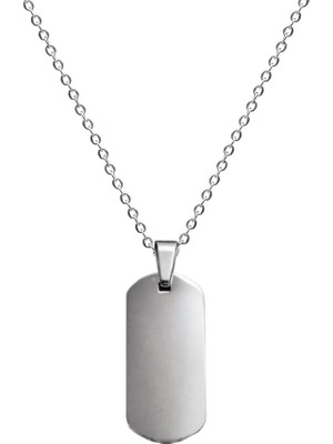 Tesbihane Kadın Çelik Kolye - Kişiye Özel - Gümüş Renk - Oval Dikdörtgen Tasarım - 45 cm
