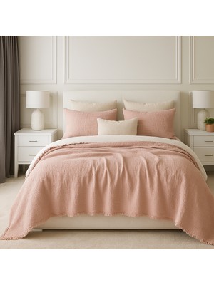 HB&Victory Muslin Yatak Örtüsü Çift Kişilik 240X230 Cm. 4 Katlı Toz Pembe Renk %100 Pamuk/2 Adet Yastık Kılıfı 50X70 Cm.