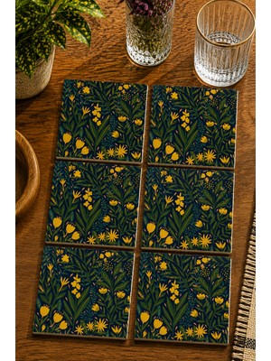 JHAAR Sarı Çiçek Desenli Botanik Modern 6’lı Set Bardak Altlığı - Uv Baskı Mdf - 10X10 cm