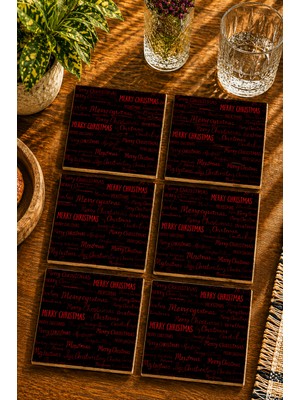 JHAAR Modern Yazılı Tasarım - '' Merry Christmas '' 6’lı Set Bardak Altlığı - Uv Baskı Mdf - 10X10 cm