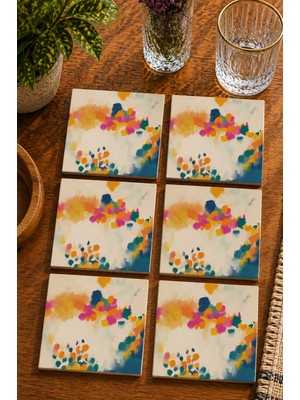 JHAAR Yağlı Boya Görünümlü Fırça Izli Modern 6’lı Set Bardak Altlığı - Uv Baskı Mdf - 10X10 cm
