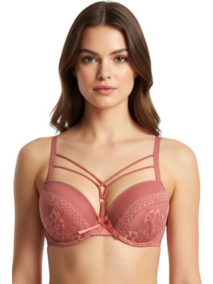 Hadiora Kadın Şeftali Pembe Şeritli Strappy Detaylı Dantelli Desteksiz Sütyen