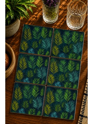 JHAAR Tropikal Yaprak Desenli Modern 6’lı Set Bardak Altlığı - Uv Baskı Mdf - 10X10 cm