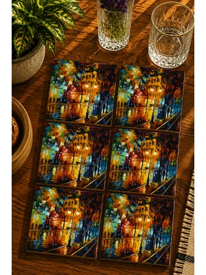 JHAAR Yağlı Boya Görünümlü Cadde Modern Tasarım 6’lı Set Bardak Altlığı - Uv Baskı Mdf - 10X10 cm