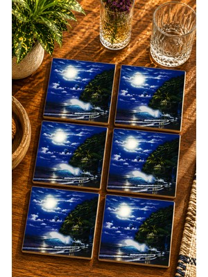 JHAAR Gece Manzaralı Okyanus Dalgaları Modern 6’lı Set Bardak Altlığı - Uv Baskı Mdf - 10X10 cm