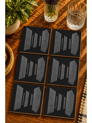 JHAAR Siyah - Beyaz Optik Illüzyon Modern Tasarım 6’lı Set Bardak Altlığı - Uv Baskı Mdf - 10X10 cm