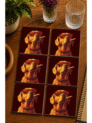 JHAAR Cool Golden Köpek Tasarım Modern 6’lı Set Bardak Altlığı - Uv Baskı Mdf - 10X10 cm