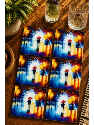 JHAAR Yağlı Boya Görünümlü Aşk Sokağı Modern 6’lı Set Bardak Altlığı - Uv Baskı Mdf - 10X10 cm