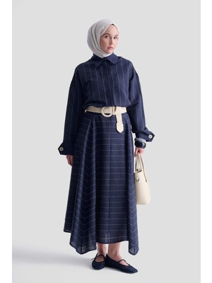 Armine Çizgili Keten Etek 25Y1848 Lacivert