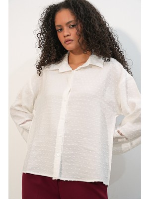 Bigdart Kadın Oversize Desenli Gömlek 20379 - Beyaz