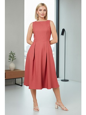 Lela Regular Fit Bisiklet Yaka Cepli Pileli Midi Boy Abiye Elbise Bayan Elbise 6111963