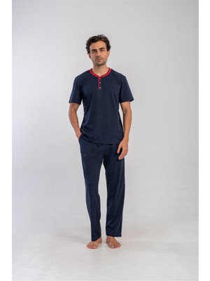 Obje Erkek Lacivert Yakası Düğme Detay Pijama Takımı