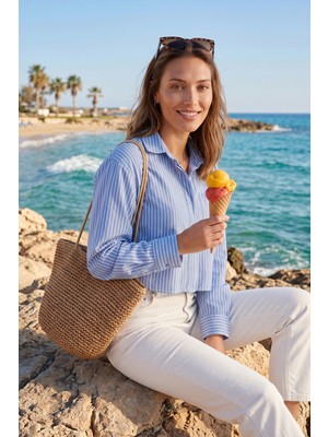 Lela Pamuklu Relaxed Fit Çizgili Göğüs Cepli Gömlek Bayan Gömlek 6982039