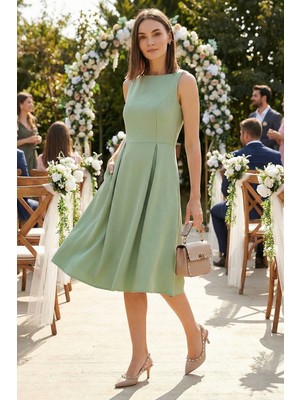 Lela Regular Fit Bisiklet Yaka Cepli Pileli Midi Boy Abiye Elbise Bayan Elbise 6111963
