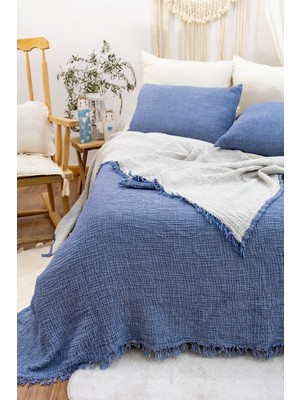 HB&Victory Müslin Yatak Örtüsü 4 Katlı Çift Kişilik 240X230 Cm. %100 Pamuk Indigo Mavisi Renk - 2 Adet Yastık Kılıfı 50X70 Cm.