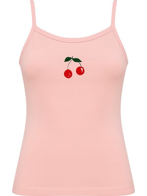 Obje Kadın Pembe Kiraz Desenli Likra Cotton Ip Askılı Atlet