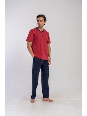 Obje Erkek Bordo Yakası Düğme Detay Pijama Takımı
