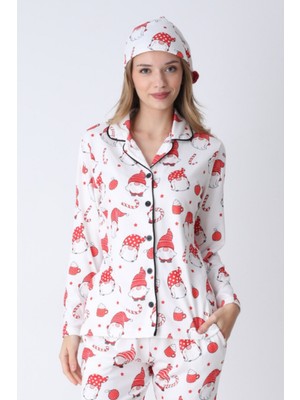 Obje Kadın Şapka Desen Düğmeli Pijama Üstü