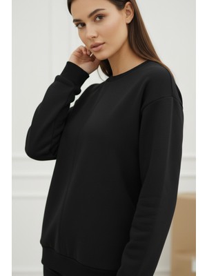 Obje Kadın Siyah 3 Iplik Şardonlu Oversize Sweat