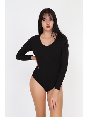 Obje Kadın Siyah Penye Modal Açık Yaka Uzun Kol Çıtçıtlı Body