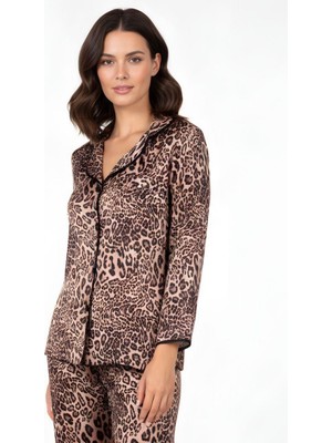 Obje Kadın Leopar Uzun Kollu Saten Pijama Üstü