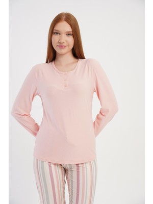 Obje Kadın Pembe Marla Patlı Kolucu Manşetli Pijama Üstü