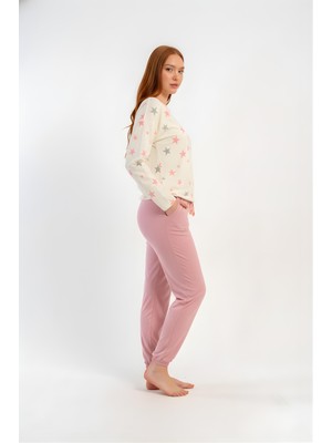 Obje Kadın Beyaz Likra Polyvıscon O Yaka Uzun Kol Beli Büzgülü Yıldız Desen Pijama Üstü