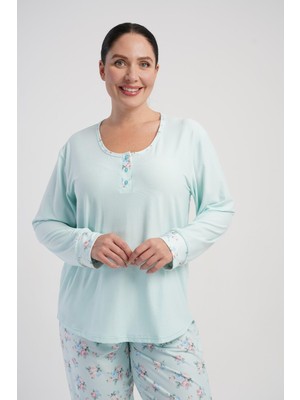Obje Kadın Yeşil Marla Battal Patlı Uzun Kol Pijama Üstü