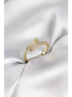 Aydogan's Zirkon Taşlı Gold Renk Yassı Çivi Model Kadın Yüzük - TJ-BYK3961