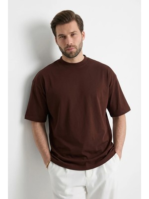 Madmext Erkek Acı Kahverengi Oversize Fit Basic Tişört 6066