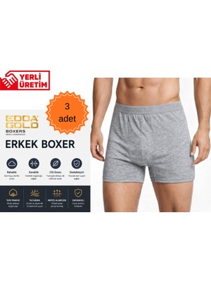 Edda GOLD Erkek Boxer 3'lü Gri M – Pamuklu Likralı Esnek Rahat Penye İç Çamaşırı