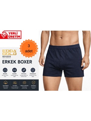 Edda GOLD Erkek Boxer 3'lü Lacivert M – Pamuklu Likralı Esnek Rahat Penye İç Çamaşırı