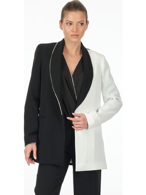 Explosion Minimalist Oversize Midi Kadın Ceket - Siyah Beyaz
