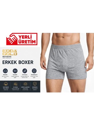 EDDA GOLD Erkek Boxer Gri XL – Pamuklu Likralı Esnek Rahat Penye İç Çamaşırı