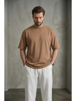 Madmext Erkek Vizon Oversize Fit Basic Tişört 6066