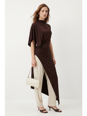 Rays Kahve Dik Yaka Asimetrik Kesim Uzun Tunik 261659