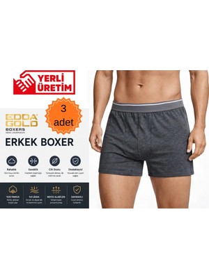 Edda GOLD Erkek Boxer 3'lü Antrasit S – Pamuklu Likralı Esnek Rahat Penye İç Çamaşırı