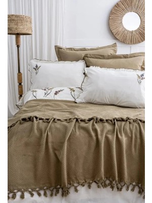 Colezium Şaheser Home Collection Eveline Haki Nevli Pike Takımı, %100 Pamuk, Püsküllü Nevli Pike Seti, Nakışl