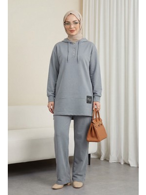 Moda Morfo Çıtçıtlı  Arma Detaylı Ikili Penye Takım   -Gümüş