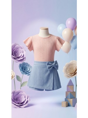 TA&CE Kids Ta&ce Kıds Kız Çocuk Fitilli Bluz ve Fiyonk Detaylı Şort Etek Bayramlık Takım- 4-9 Yaş