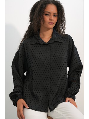 Bigdart Kadın Oversize Desenli Gömlek 20379 - Siyah