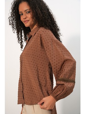 Bigdart Kadın Oversize Desenli Gömlek 20379 - Taba