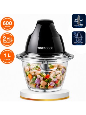 Tigrecook Instantchopper Fıt  1l Cam Hazneli Et Kıyma & Sebze Rondo Doğrayıcı Çift  Çelik Bıçak 600W
