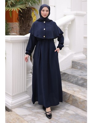 İmaj Butik Lacivert Kol Lastikli Pelerinli Elbise