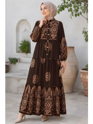 İmaj Butik Kahverengi Yarım Düğmeli Kol Lastikli Viskon Elbise