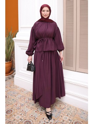 İmaj Butik Mürdüm Yaka Büzgülü Bel Bağlamalı Etekli Takım